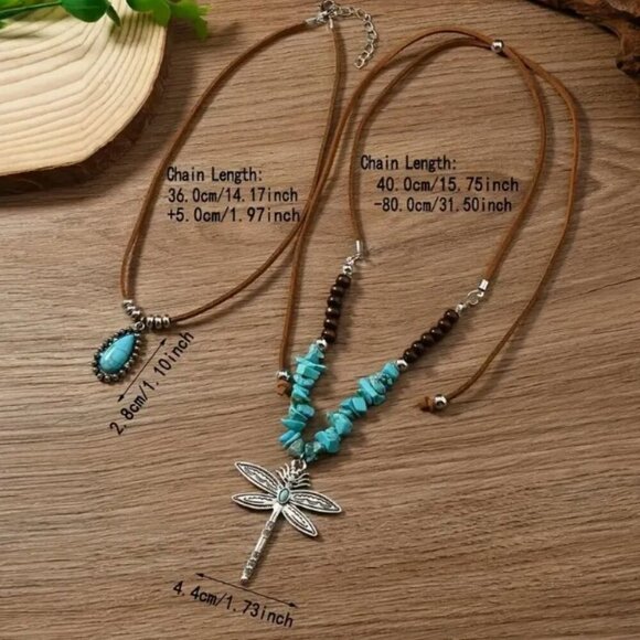 Two-Piece Bohemian Pendant Necklace Set Dragonfly Turquois Beads Faux Leather - Picture 3 of 10